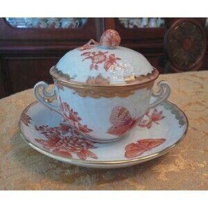 Herend Queen Victoria Fortuna Rust Cream Soup Bowl With Lid Saucer 1718 VBOH